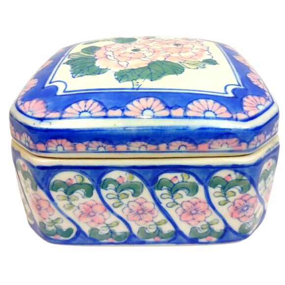 Vintage Porcelain Blue Brocade Treasure Box Hand Painted Kingsbridge Group #4439 - Picture 1 of 9